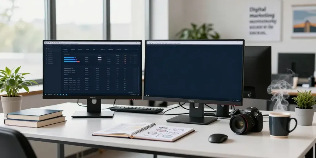 Content strategist analyzing instant indexing data in a modern office.