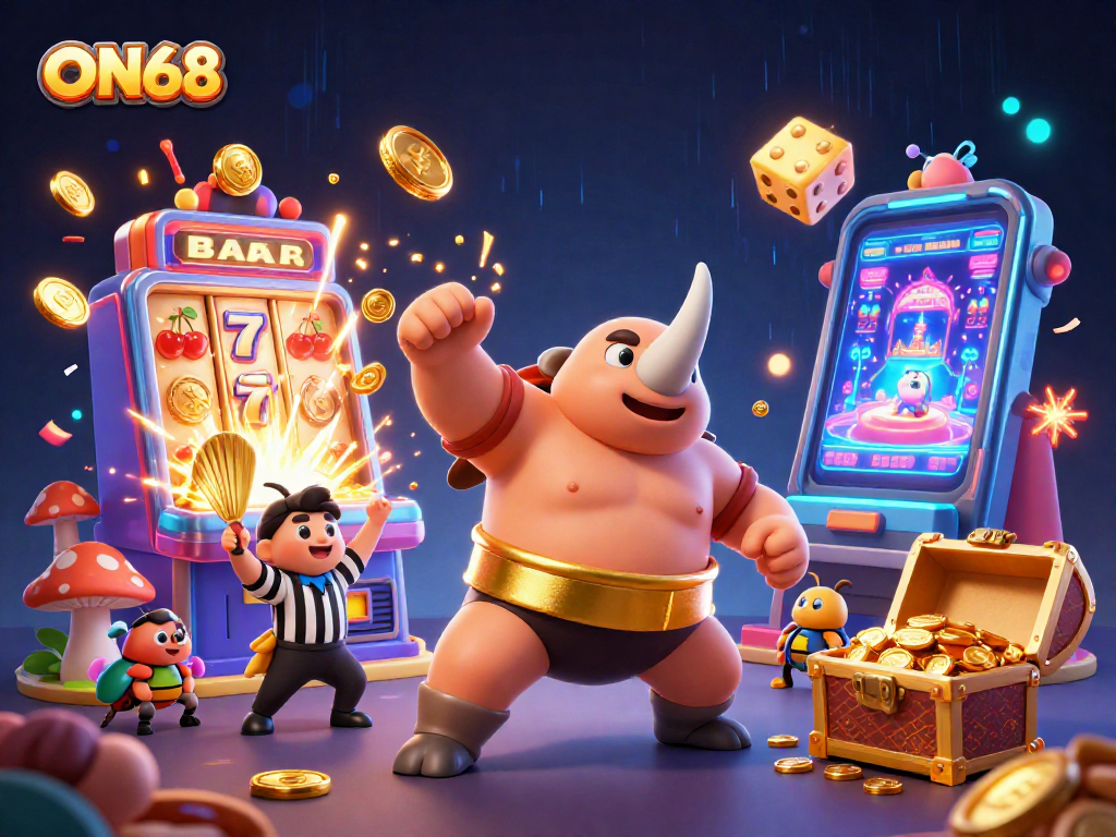 Experience thrilling action at ON68 with a powerful beetle champ celebrating amidst a casino explosion.