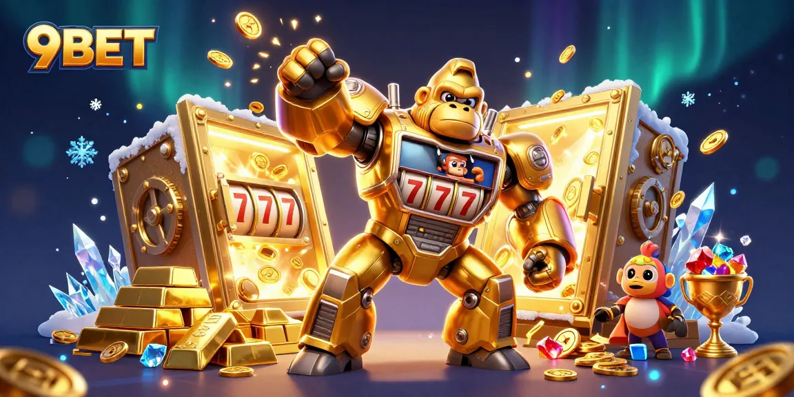 9BET engages players with thrilling casino action featuring a golden gorilla mech and massive treasure vault.