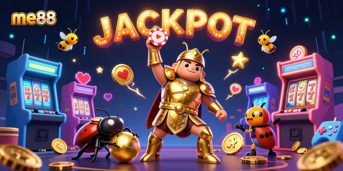 Experience thrilling gaming with me88's colorful casino atmosphere, featuring dynamic characters and exciting slot elements.