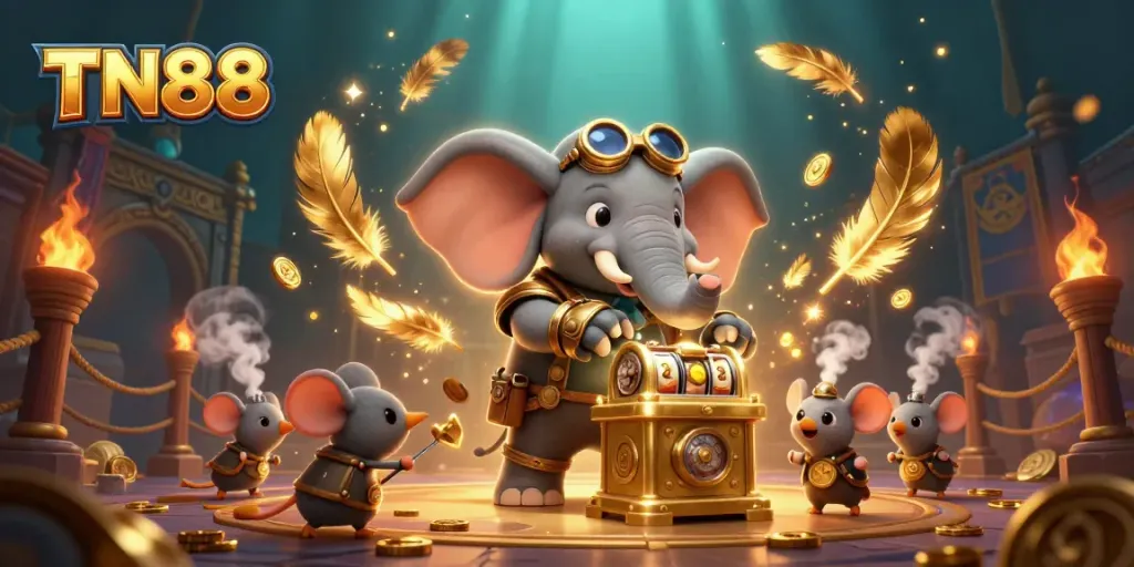 Experience the excitement of TN88 in a dynamic 3D casino scene with steampunk characters and slots.