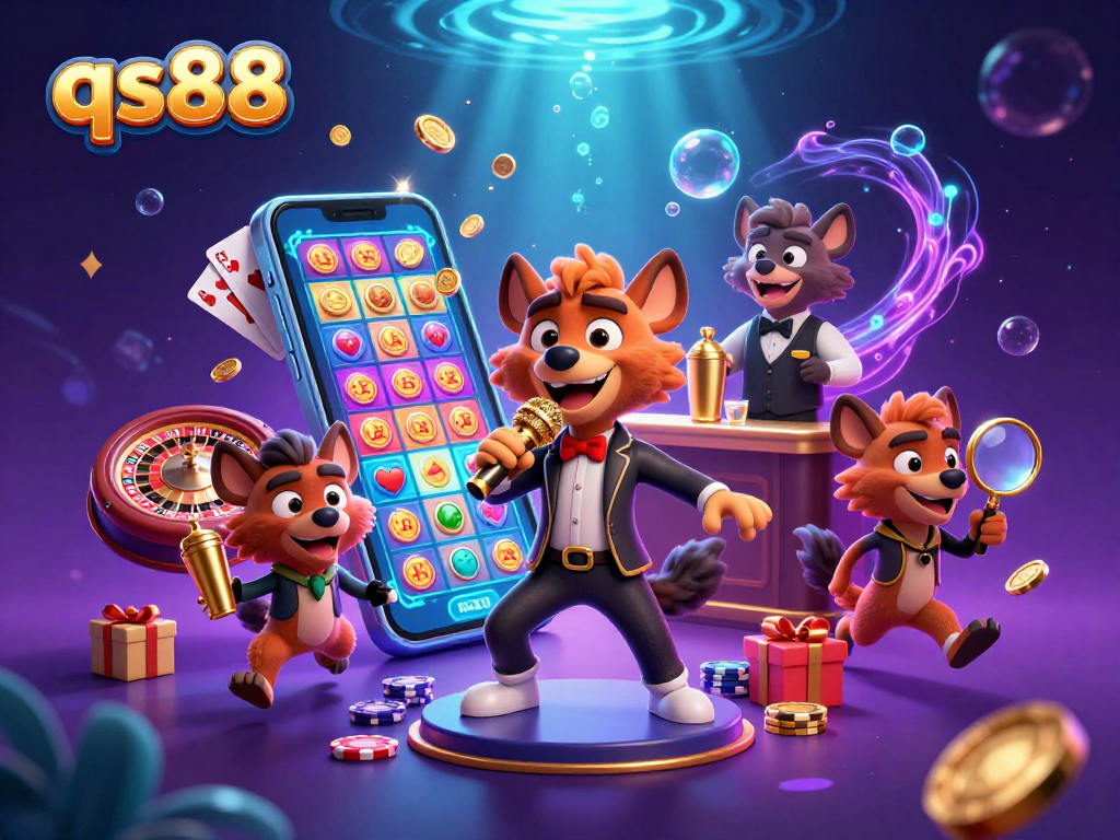 Engage with qs88 as hyenas run a comedy casino club, bartender, and bouncer amidst vibrant game elements.