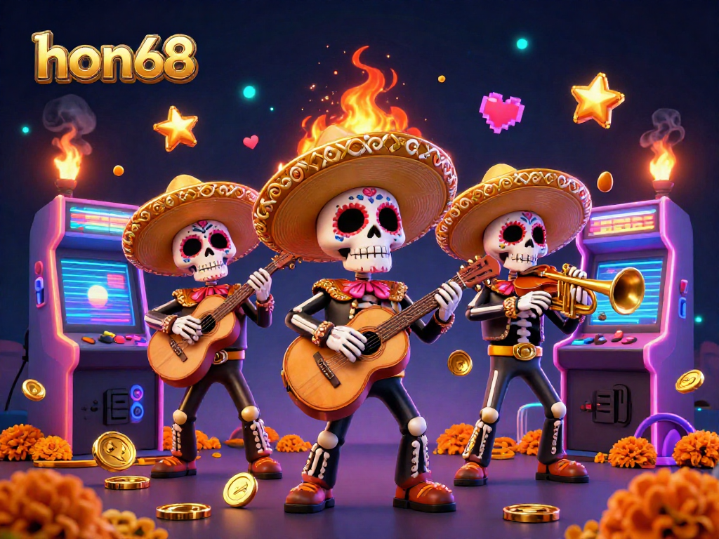Play exciting games at hon68 with vibrant casino-themed illustration featuring a mariachi band.