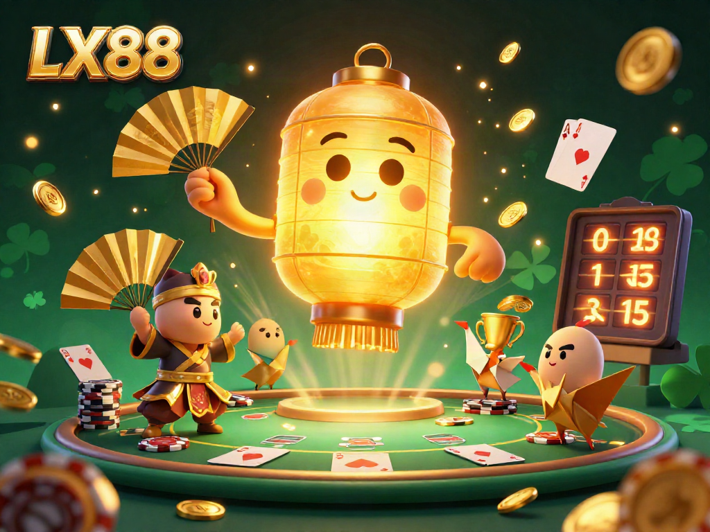 Experience thrilling poker action with LX88 in a vibrant, animated casino scene featuring winning hands.