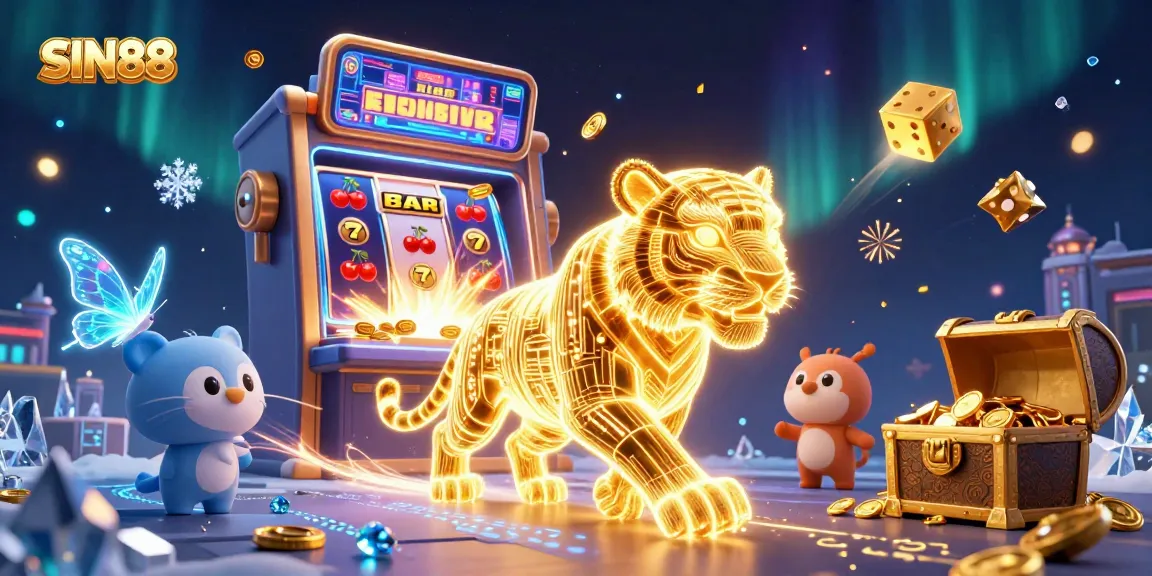 SIN88 gaming illustration featuring a neon-wireframe tiger and slot machine jackpot explosion