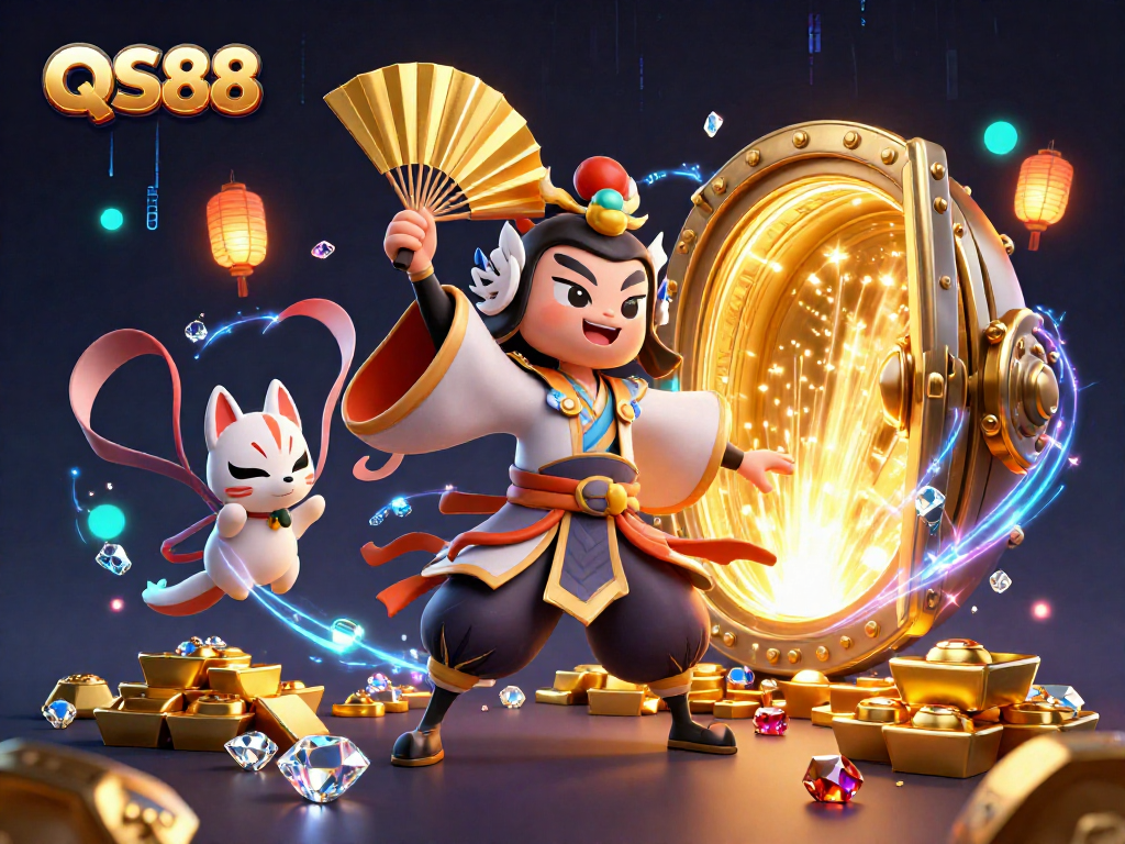Experience thrilling gaming at QS88 with illuminated treasure and dynamic casino elements.