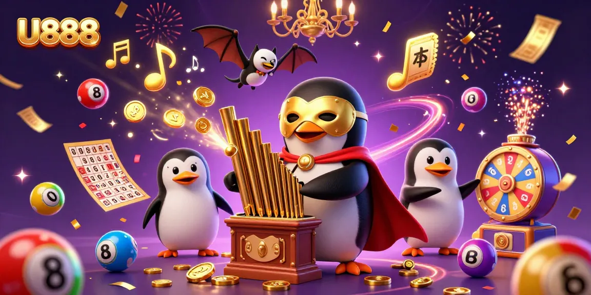 U888 online casino vibrant scene showcasing thrilling gaming elements with a majestic penguin and bat, rich in energy.