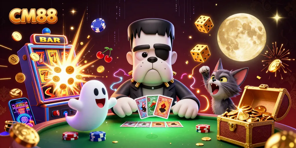 CM88 showcases a vibrant 3D casino scene featuring a Frankenstein bulldog dealing cards and slot machine jackpots.