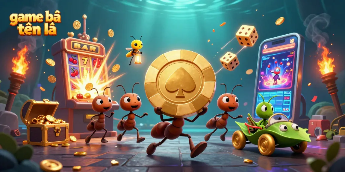 Engage in game bài tiến lên with a thrilling illustration of ants heisting a giant poker chip amidst vibrant casino elements.
