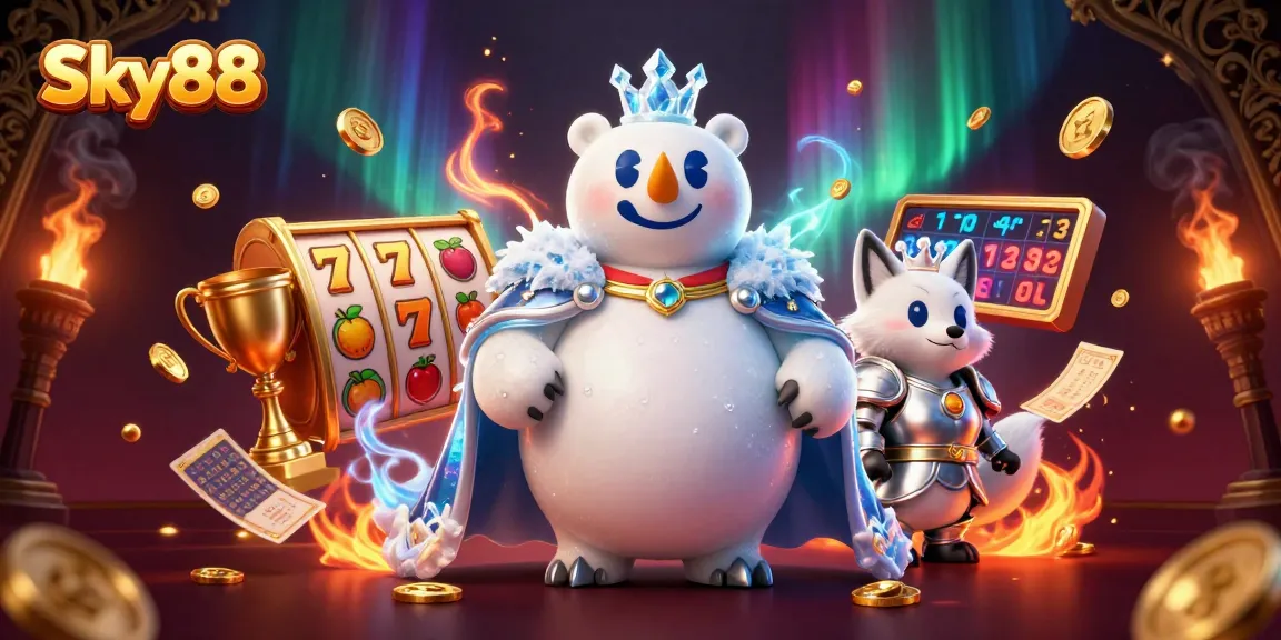 Engage in thrilling slot games at Sky88 with immersive characters and vibrant casino elements.