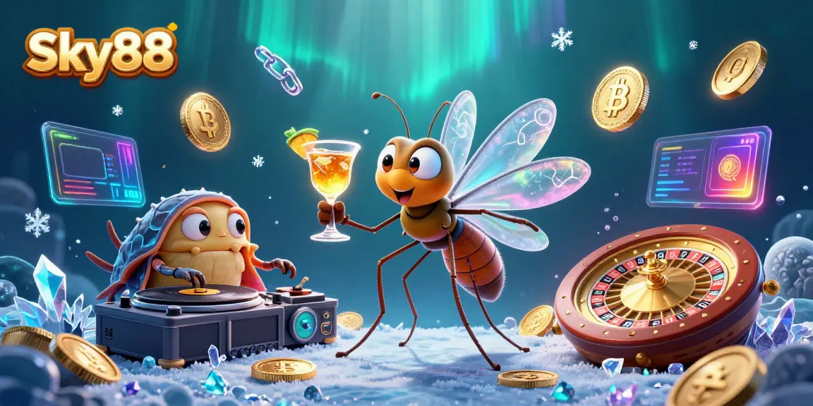 Experience the vibrant world of Sky88 with a lively casino mascot and dynamic game elements.