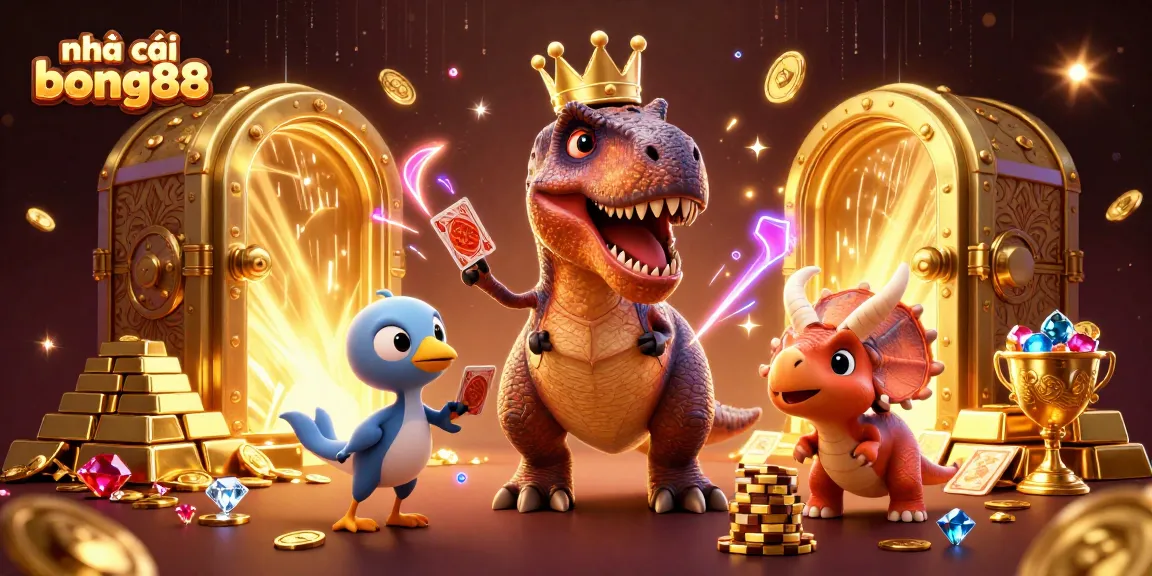 The friendly T-Rex and pterodactyl support players at nhà cái bong88, shuffling cards with vibrant casino elements.
