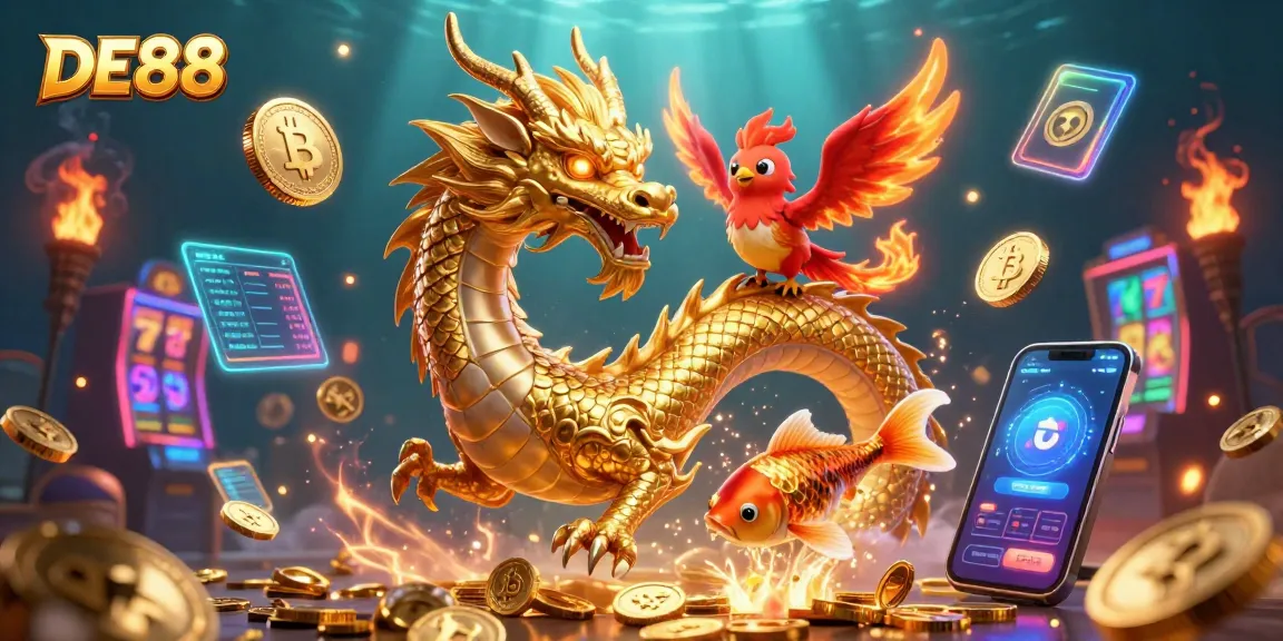 Experience thrilling wins at DE88 with a lively 3D casino scene of dragons and crypto elements.