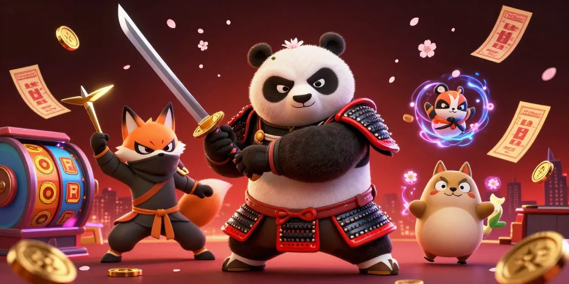 NK88 casino-themed illustration showcasing an energetic samurai panda and ninja fox amid vibrant gaming elements.