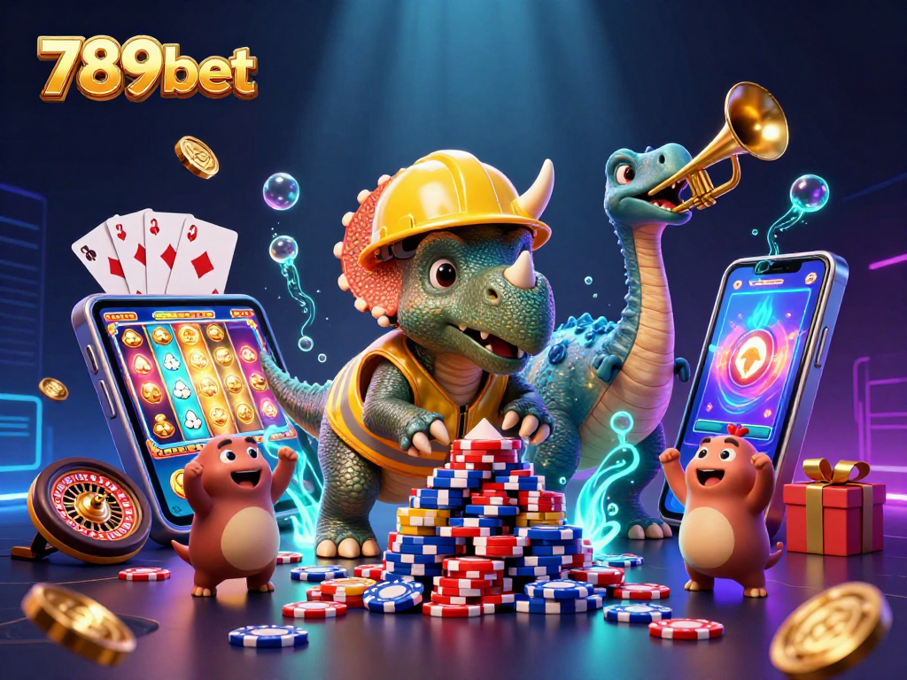 Engage with 789bet through a vibrant scene capturing a 3D triceratops and casino elements in action.