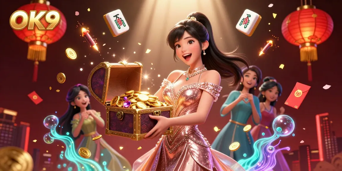 Engage with OK9's vibrant casino treasure scene showcasing a joy-filled player revealing fortunes of gold and gems.