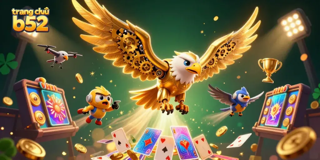 Experience the excitement of gambling at trang chủ b52, featuring a cybernetic eagle soaring amidst dynamic gaming elements.