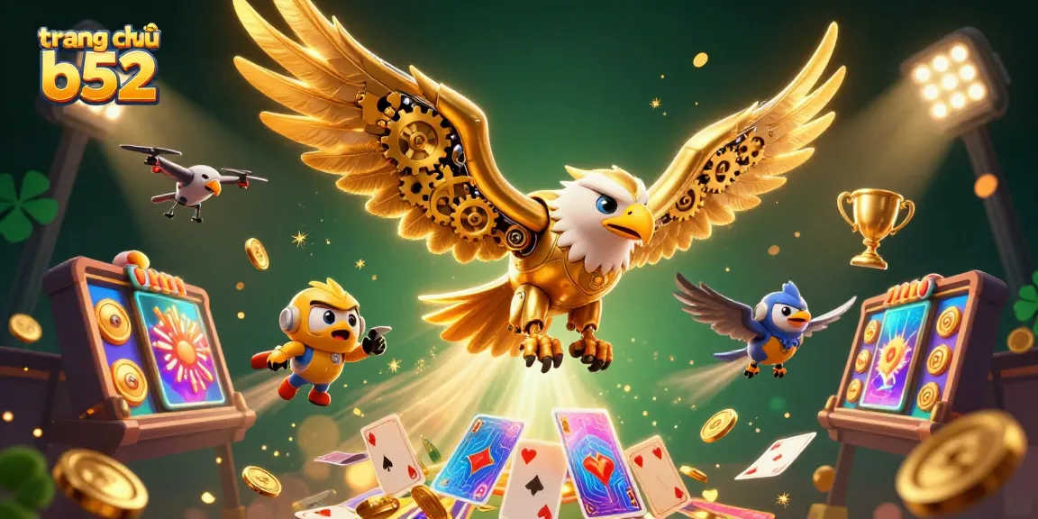 Experience the excitement of gambling at trang chủ b52, featuring a cybernetic eagle soaring amidst dynamic gaming elements.