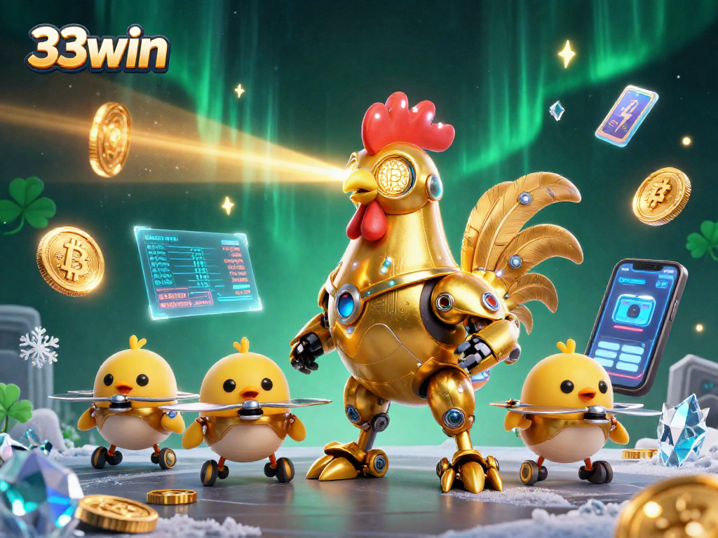 Engage with 33win in a vibrant futuristic casino scene featuring a golden rooster and crypto elements.