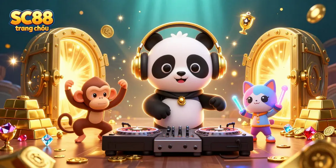 Engage with vibrant SC88 trang chủ entertainment featuring an energetic DJ panda and lively characters.
