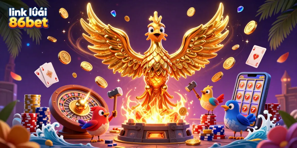 Experience thrilling gaming action with link vào 86bet, featuring golden phoenix and cascading treasure elements.