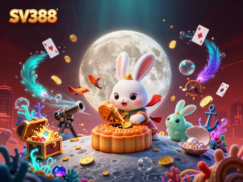 SV388 moon rabbit character creating winning poker chips amidst colorful casino elements in a dynamic atmospheric scene.