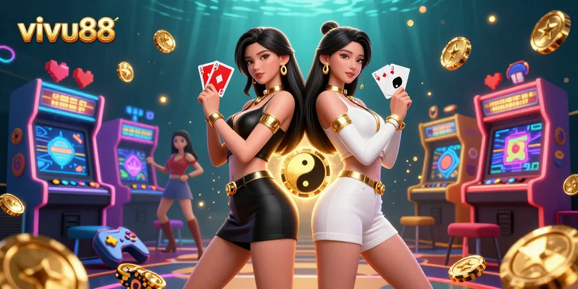 Experience the thrill of vivu88 with twin Asian women showcasing casino cards against vibrant game elements.