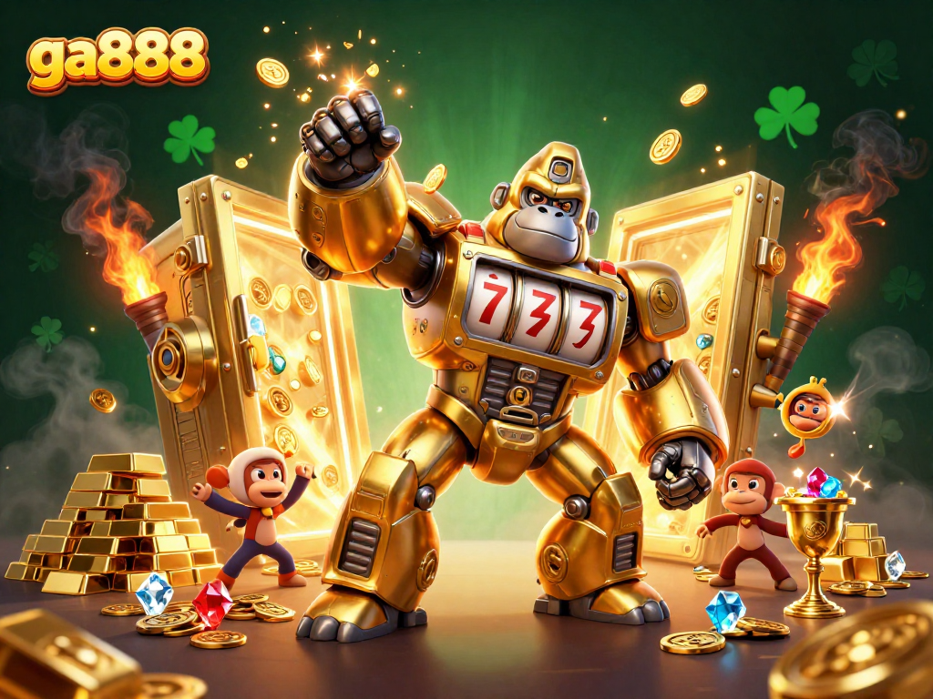 Experience the excitement of ga888 with a dynamic golden gorilla mech surrounded by treasures and slot elements.