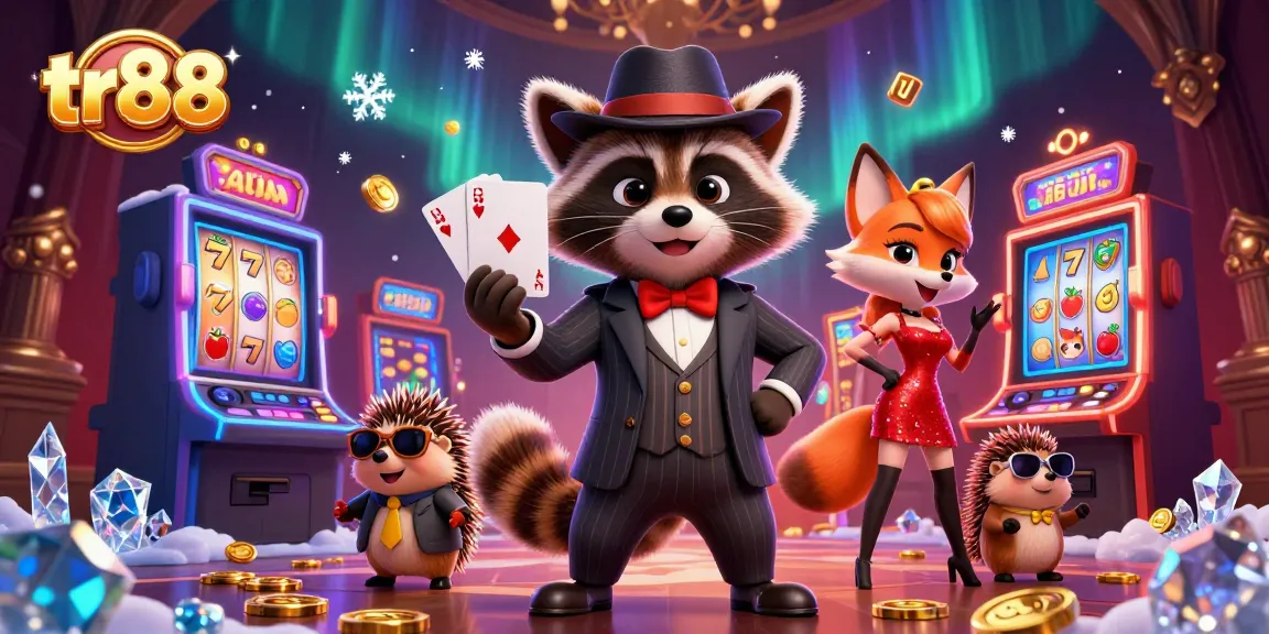 Bet on tr88 with a raccoon holding a royal flush, colorful slot machines and vibrant casino elements.