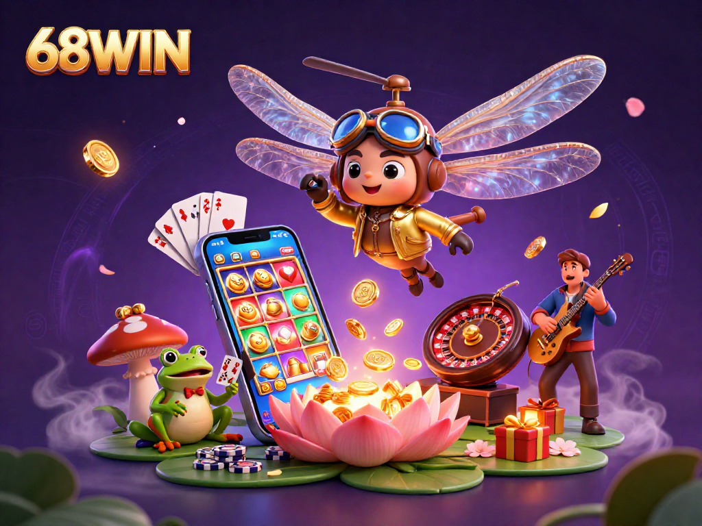 Experience thrilling gameplay at 68WIN with a lively casino scene featuring characters and vibrant games.