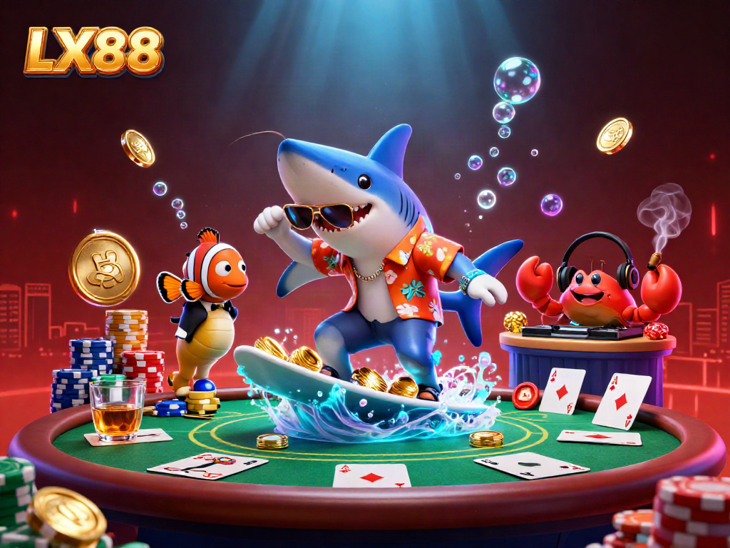 Experience thrilling gameplay at LX88 with a lively underwater scene featuring a hammer-head shark, clownfish, and crab DJ.