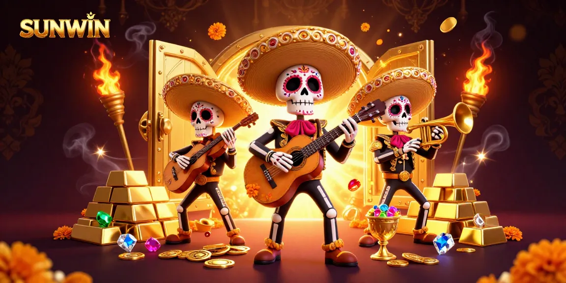 SUNWIN unveils a vibrant scene of skeleton mariachi musicians celebrating in a dynamic casino atmosphere.