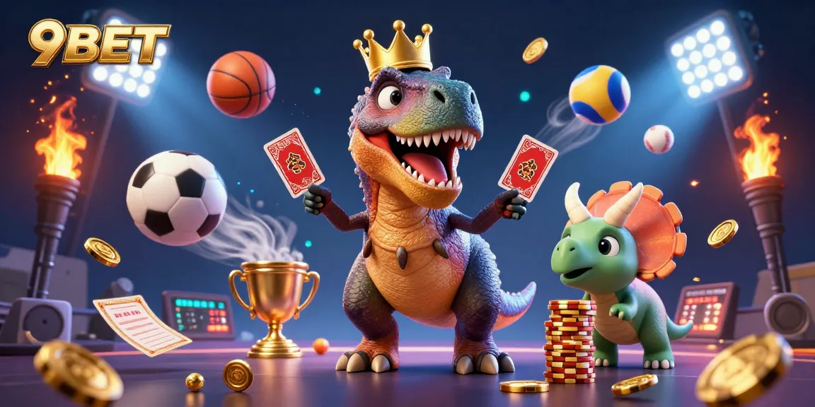 Experience thrilling sports betting with 9BET's vibrant cartoon scene featuring dinosaurs and dynamic game elements.