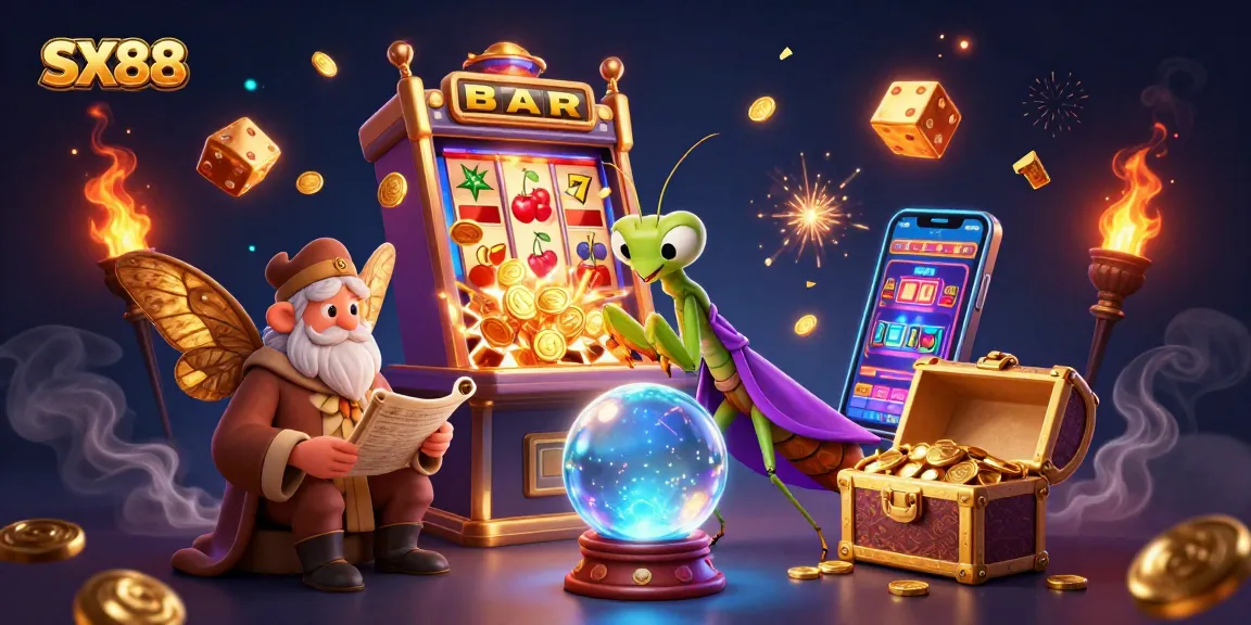 SX88 engages players with a mystical casino scene, featuring a slot machine jackpot and fortune teller.