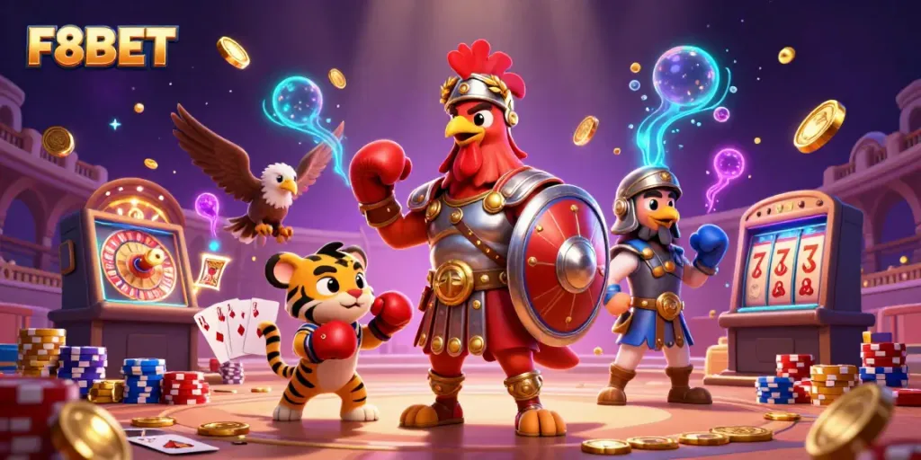 Experience the thrilling world of F8BET with a dynamic 3D illustration of a gladiatorial theme casino scene.