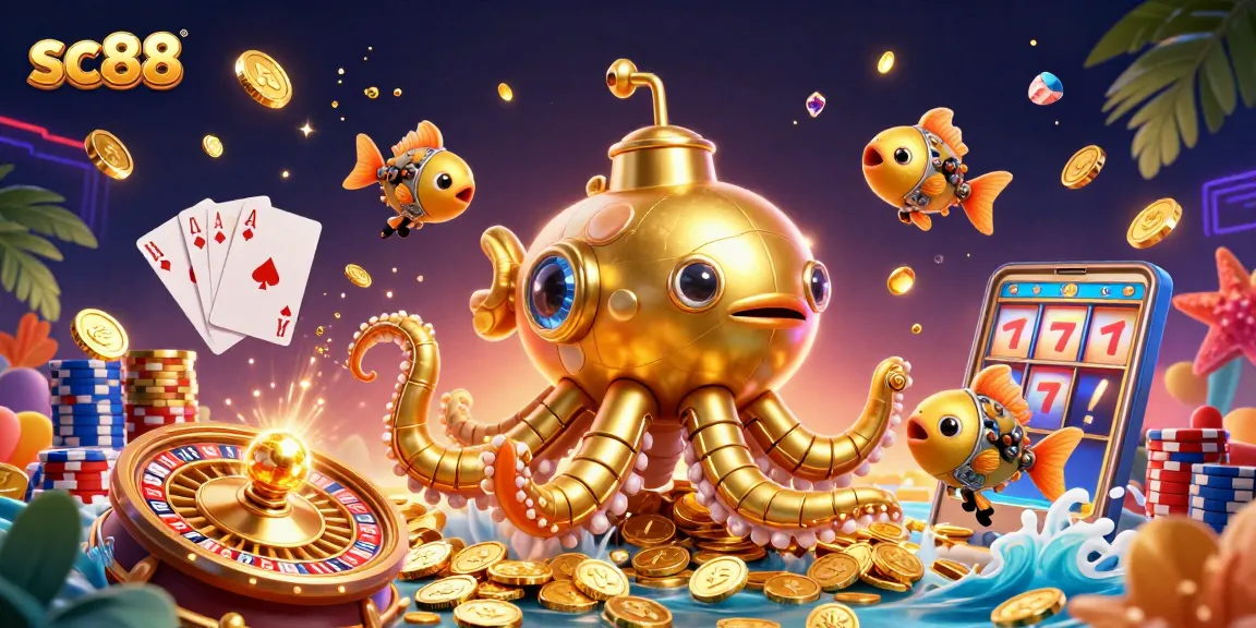 Engage with sc88's thrilling 3D casino scene showcasing a golden kraken submarine amidst golden coins and gaming elements.