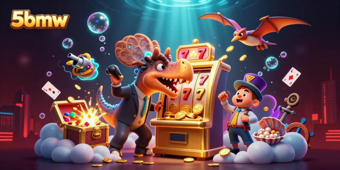 Experience the thrill of 5bmw gaming with dynamic characters winning jackpots surrounded by glowing slot elements.