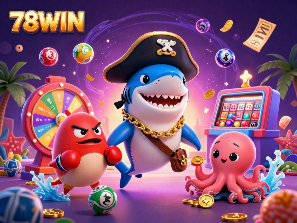 Engage with 78WIN's lively character scene showcasing a pirate shark and friends amidst thrilling gaming elements.