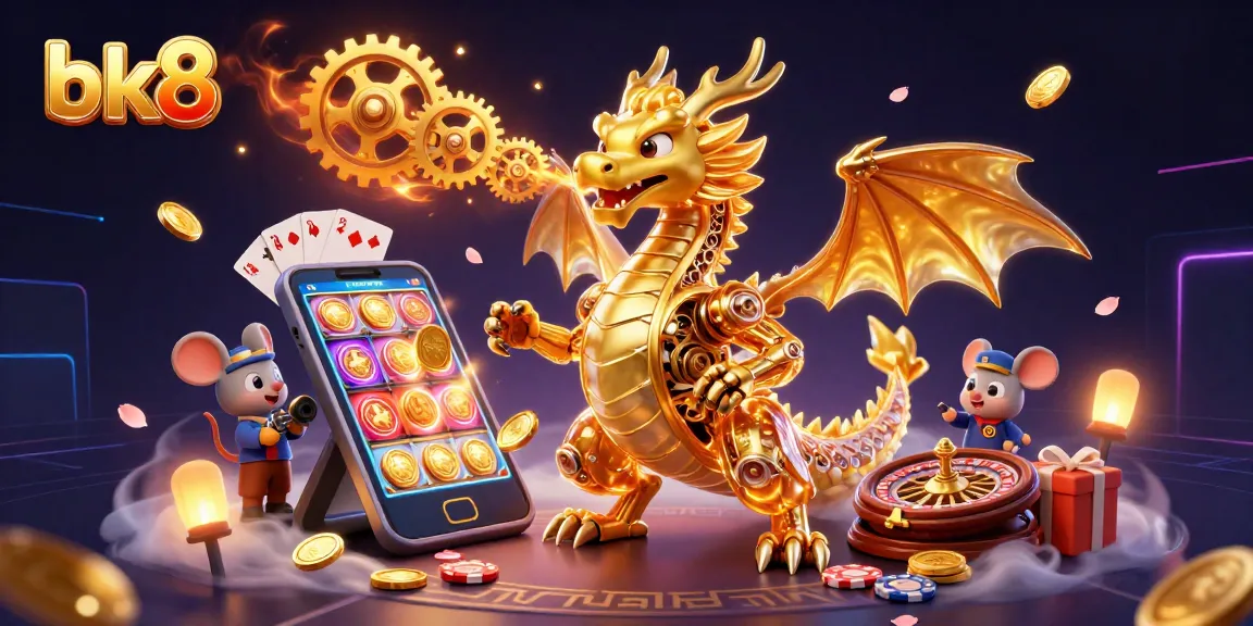 Engage with the vibrant bk8 gaming experience as a golden dragon breathes cogs and gears.