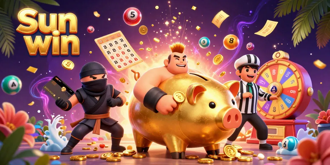 Win with Sun win as colorful lottery balls and golden coins rain from a dynamic casino scene.