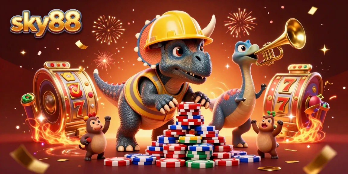 Join the excitement at sky88 with joyous dinosaurs building poker chip towers in a vibrant casino atmosphere.