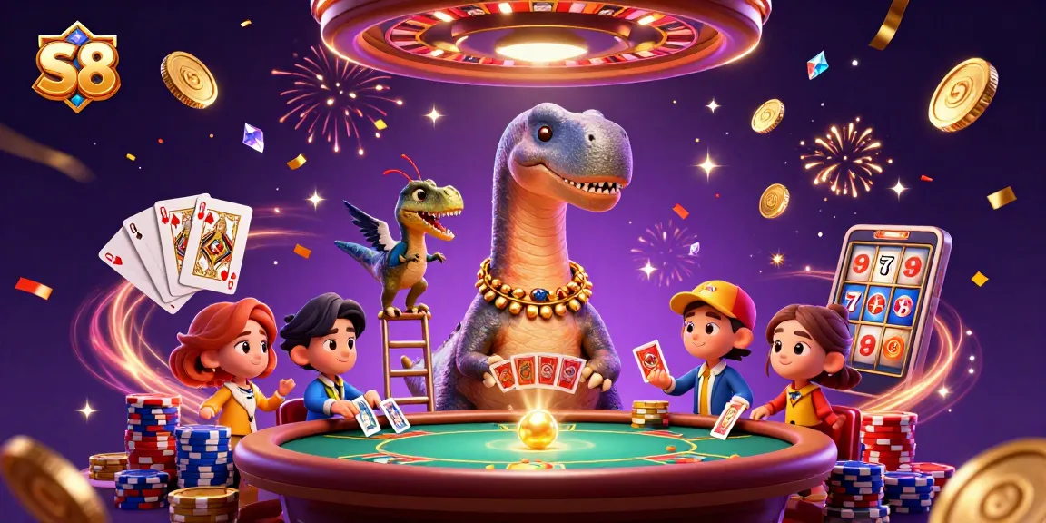 S8 promotes gaming excitement with a vibrant casino scene featuring dinosaurs and festive elements.