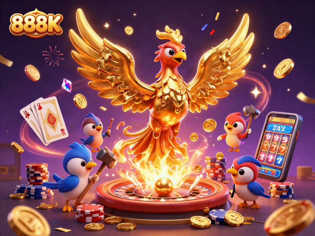 Join the excitement at 888K with a golden phoenix and vibrant casino treasures!