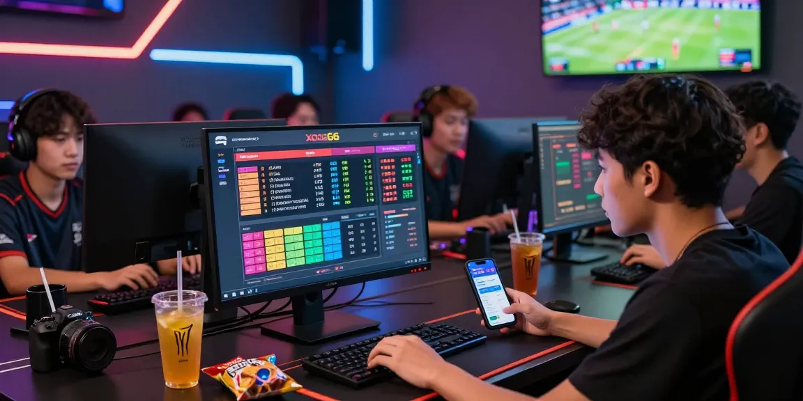 xoso66 online betting experience in a lively gaming room with multiple devices and sports broadcasts
