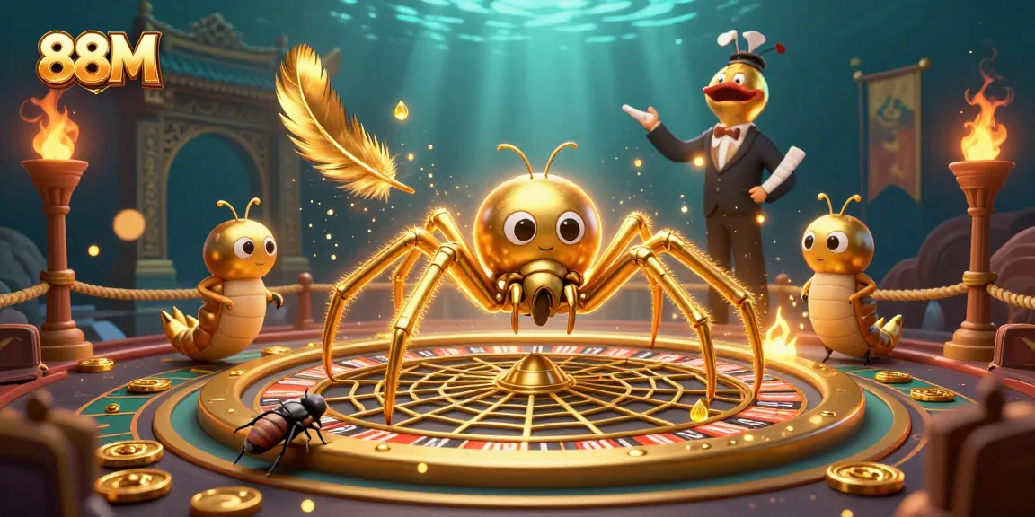Experience thrilling bets at 88M with golden spider croupiers and roulette-inspired web design.