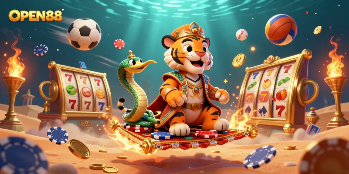 Engage with OPEN88 at a dynamic casino scene featuring a vibrant Arabian Nights theme with a tiger sultan.