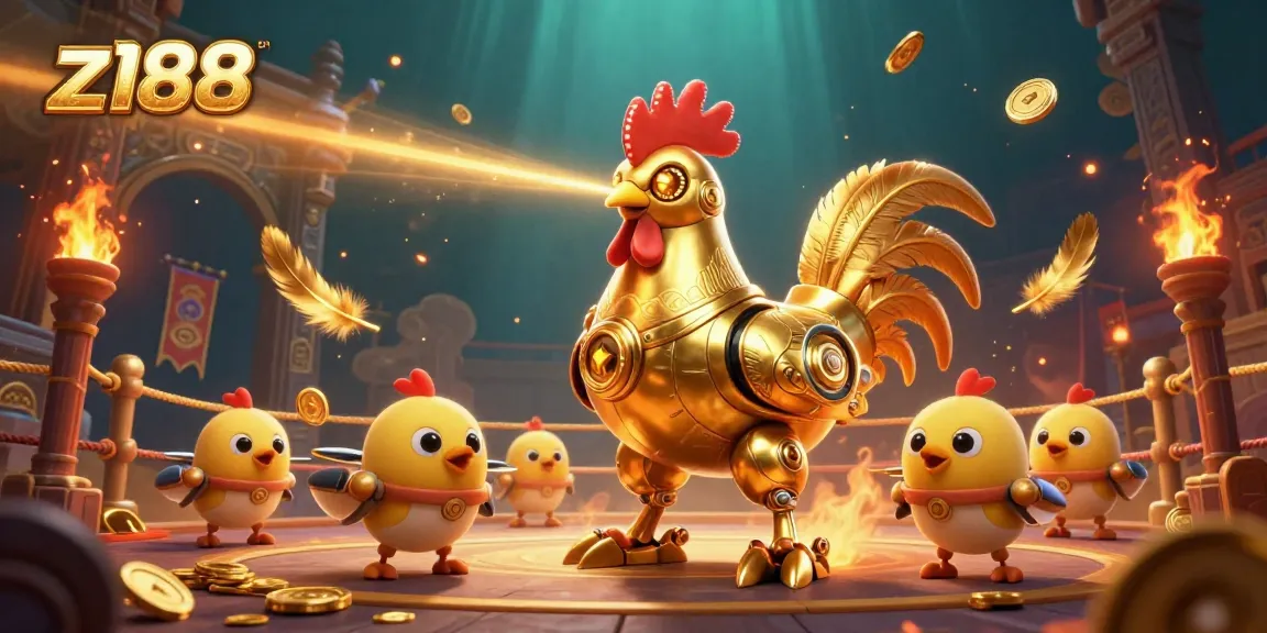 Bet on z188 with golden rooster robot and baby chick drones in an exciting casino arena.