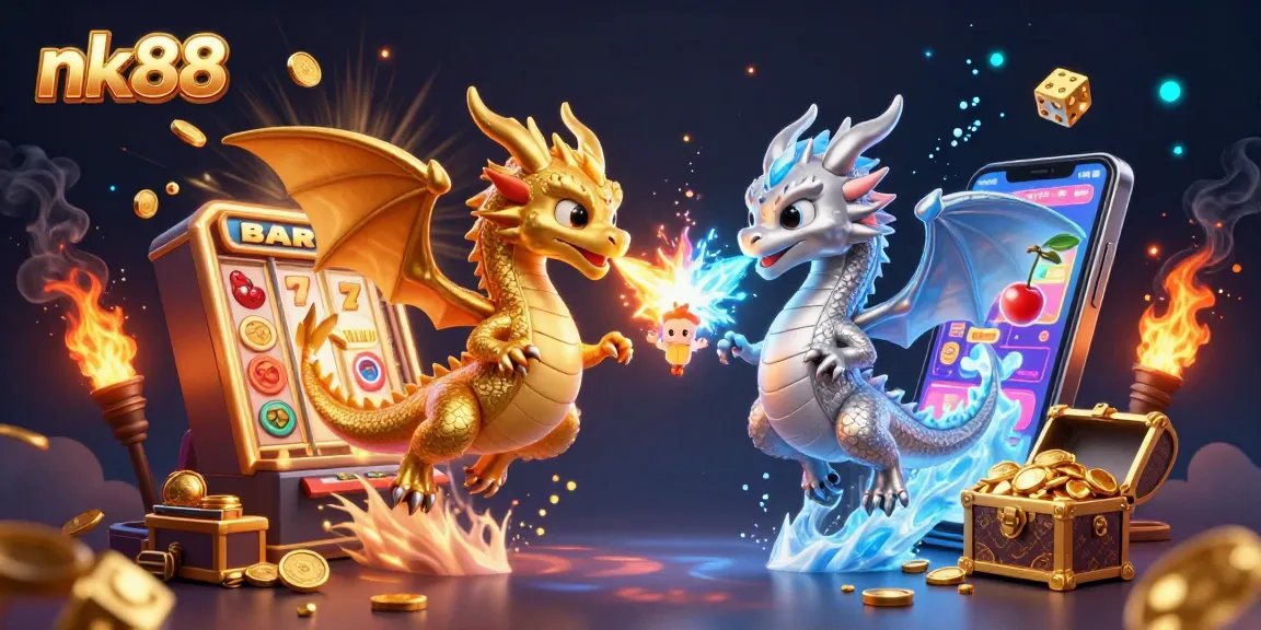 Experience thrilling gameplay at nk88 with silver and gold dragons amidst a vibrant digital casino world.