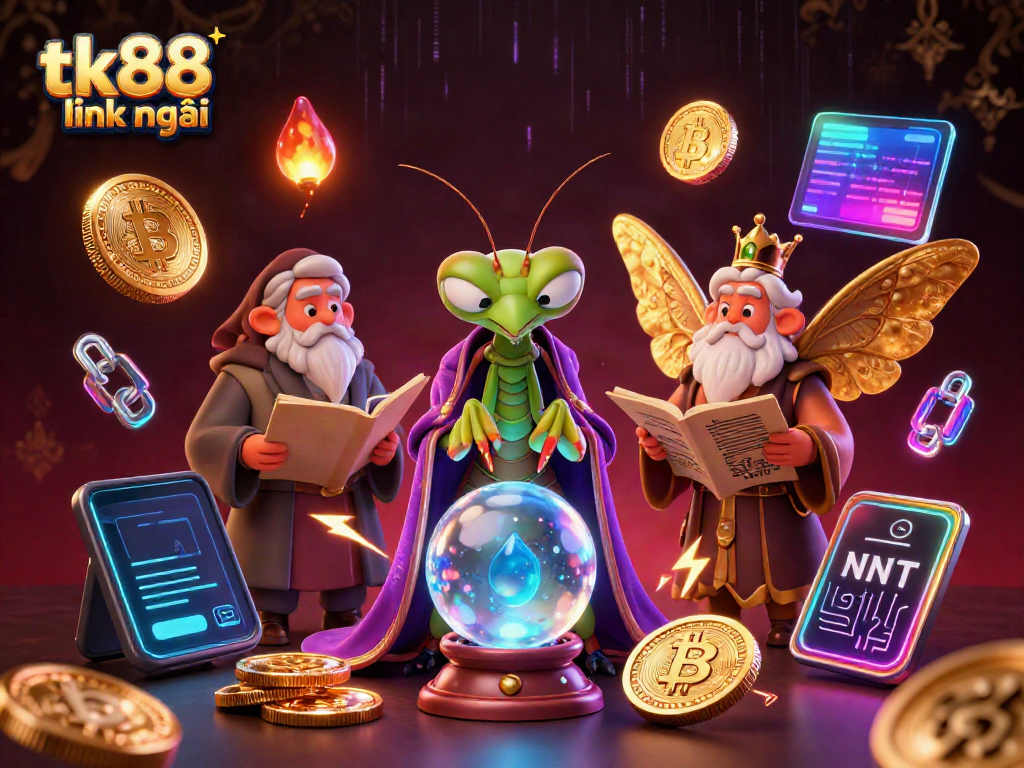 Engage with tk88 link mới, featuring a fortune teller and moth librarian amidst crypto elements and glowing coins.