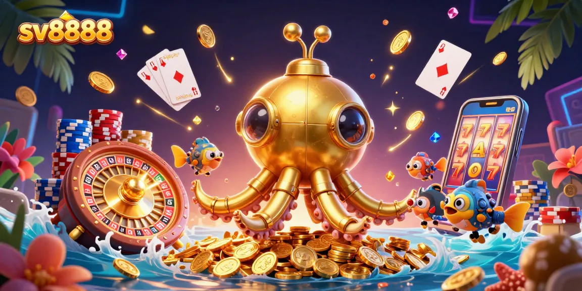 Experience thrilling gaming at sv8888 with vibrant golden kraken and casino elements.